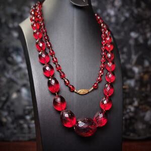 Vtg TESTED Red Cherry Amber Bakelite Faceted Bead Necklace 42" 14K Gold Art Deco